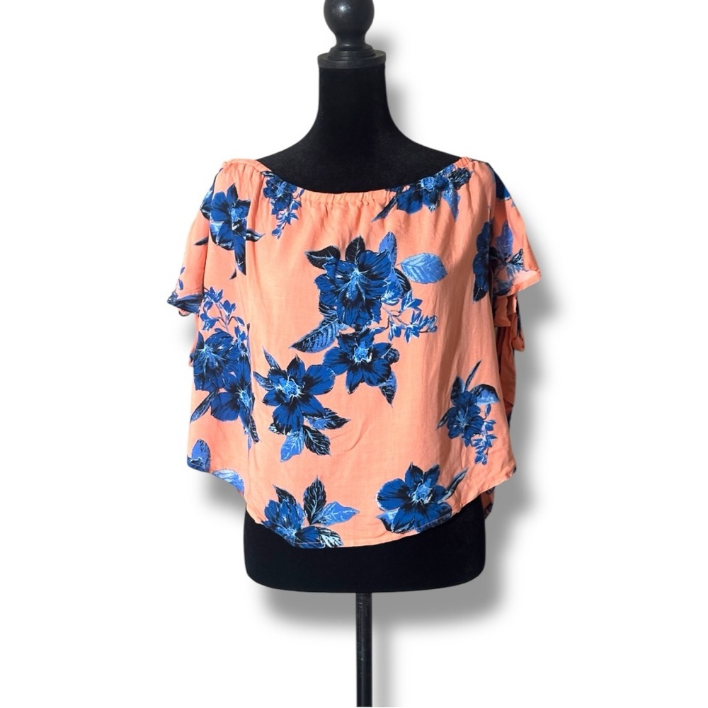 Gypsies & Moondust NWT Orange Ruffled Off Shoulder Blouse with Blue Floral Print